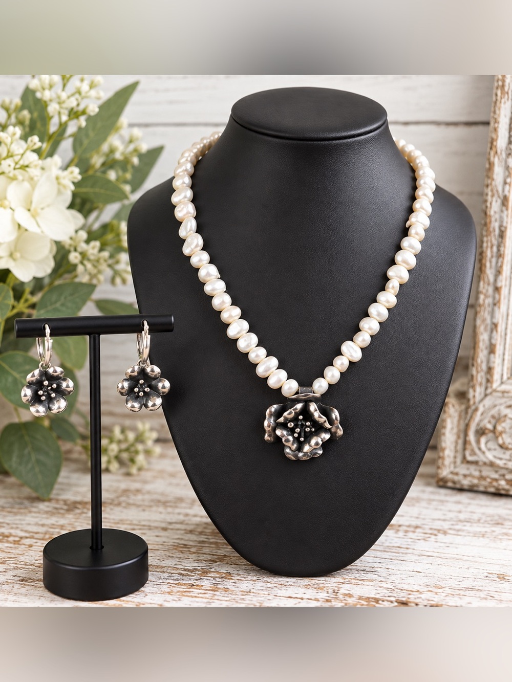 Peyote Bird Rare Vintage Sterling Silver Freshwater Pearl Floral Necklace Earrin